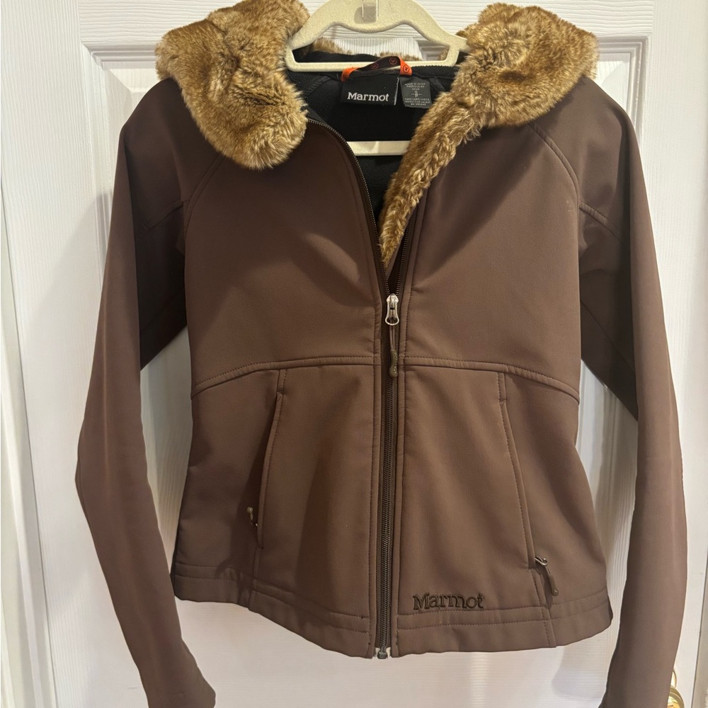 Marmot Softshell Hooded Jacket - Brown Faux Fur Trim - Women’s Size [S]